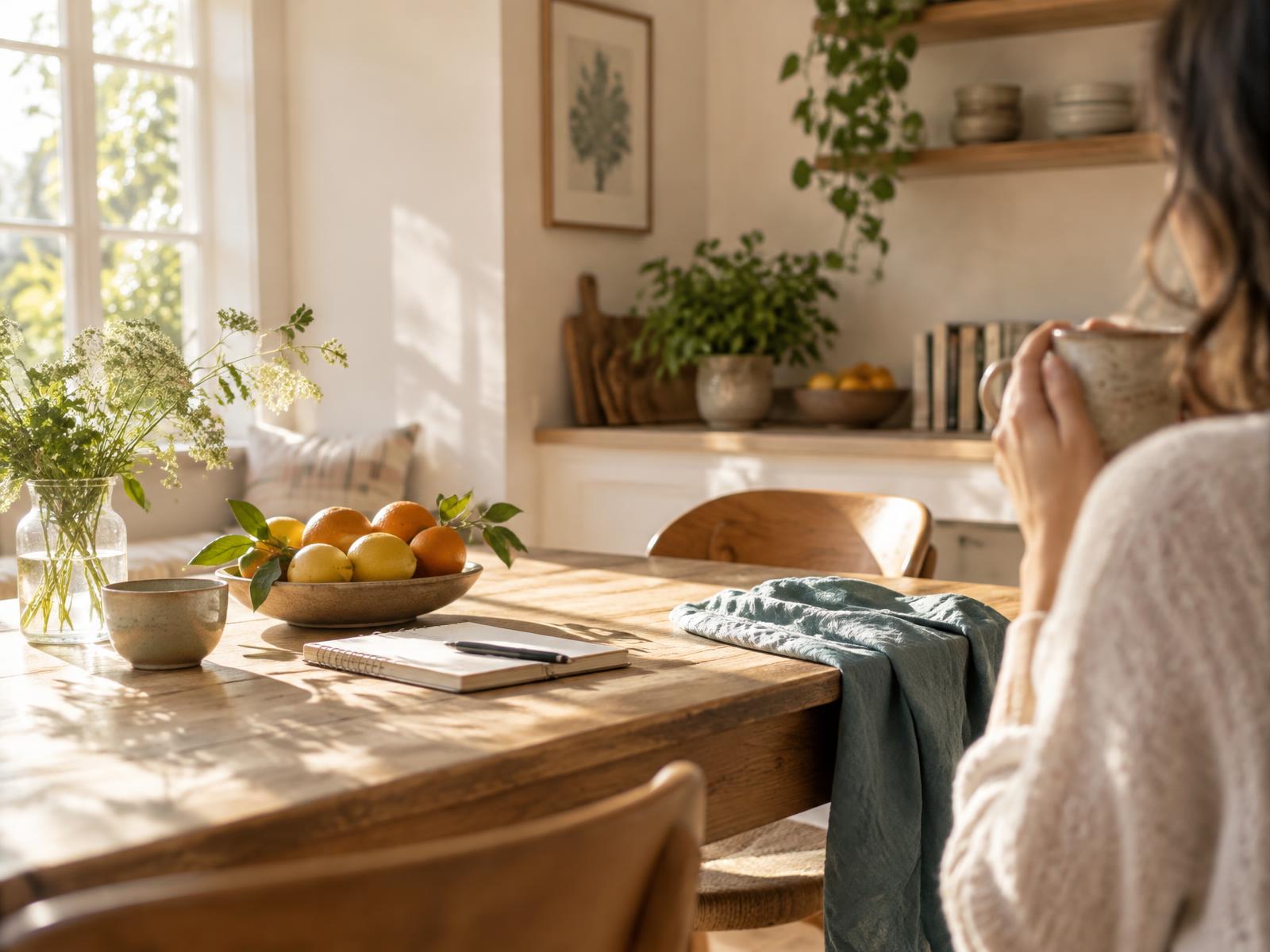 A warm, sunlit kitchen prepared for a calm morning